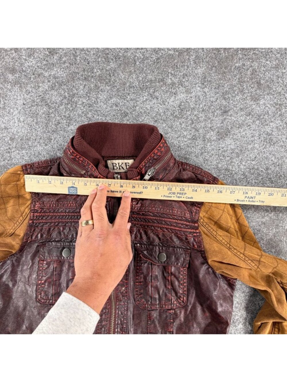 BKE Pieced Full-Zip Jacket Womens XL Burgundy Mustard Faux Leather Ribbed Trim - Picture 13 of 16